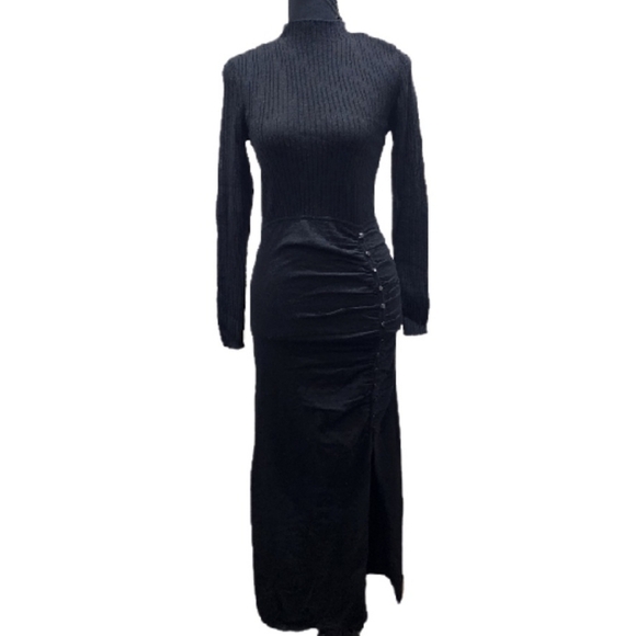 🔥 Sandro-Paris Ruched Wool Blend Midi Leg Slit Long Sleeve Sweater Dress - Picture 1 of 15